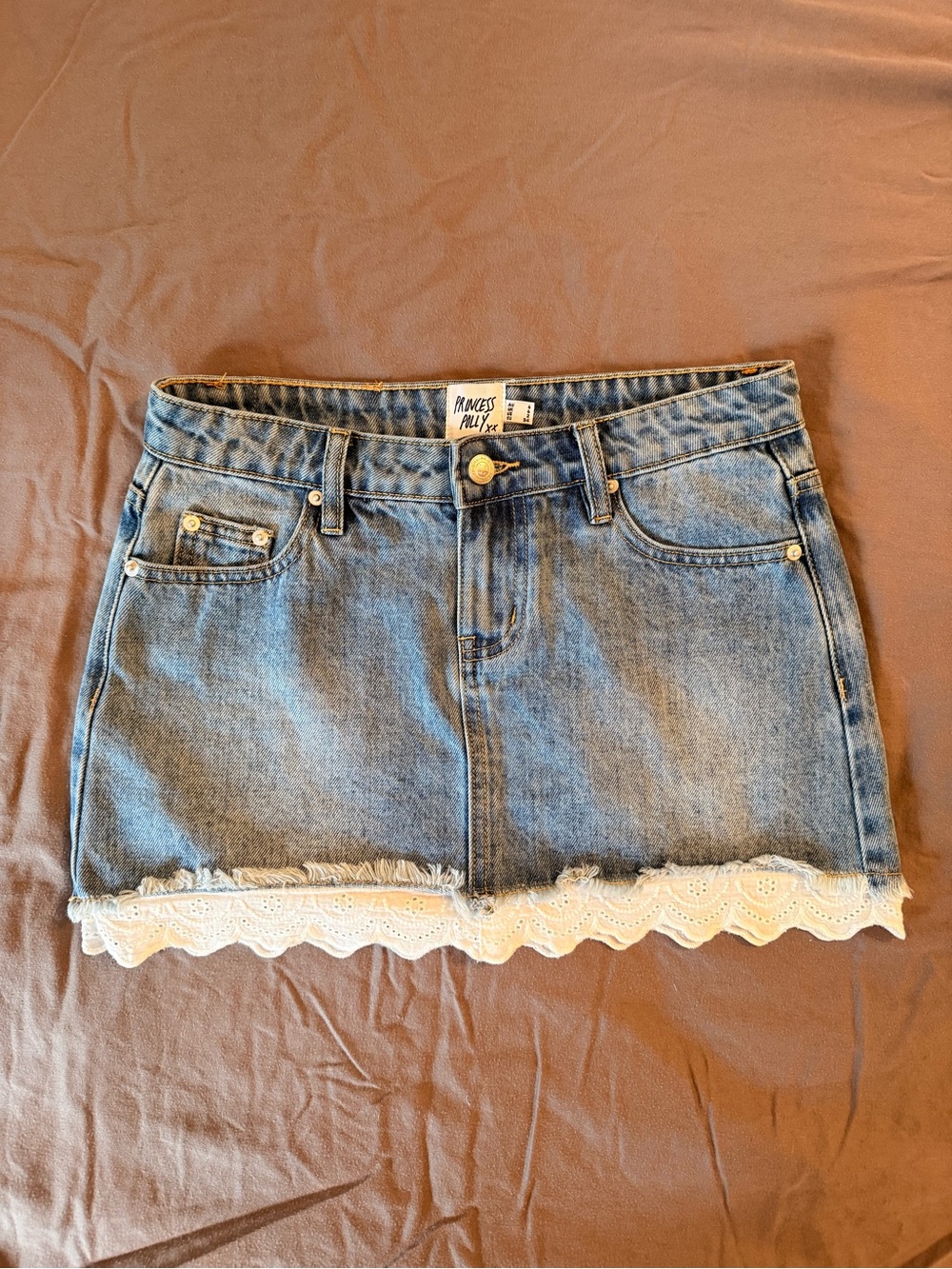 Princess Polly Light Blue Denim Mini Skirt with White Lace Hem